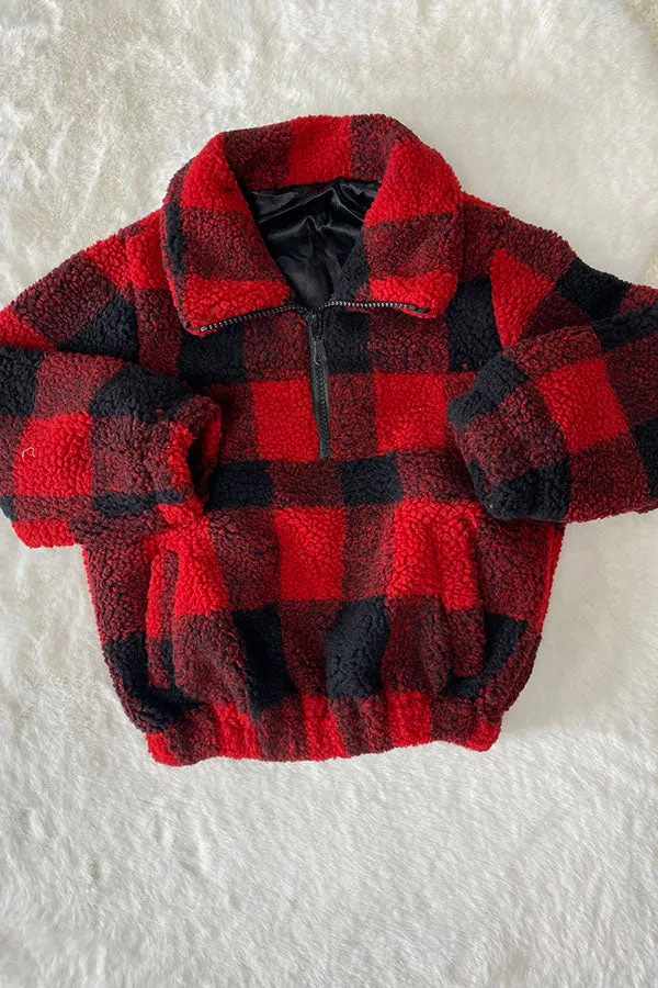 DLH2729 Kids Red/Black plaid sherpa long sleeve pullover w/zipper and pocket