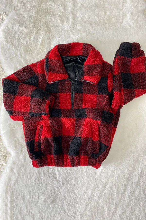 DLH2729 Kids Red/Black plaid sherpa long sleeve pullover w/zipper and pocket